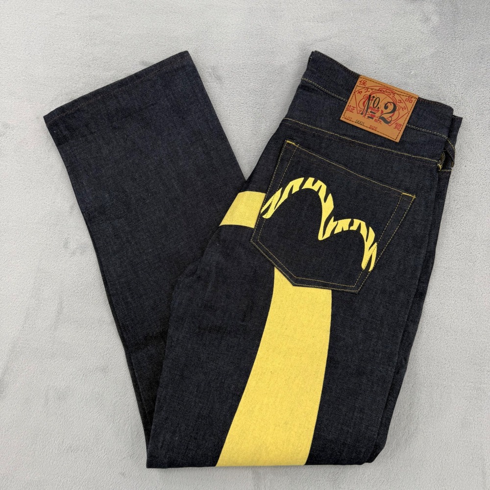 Evisu Osaka Japan Mens Raw Indigo Denim Yellow Seagull Logo Jeans Size 32